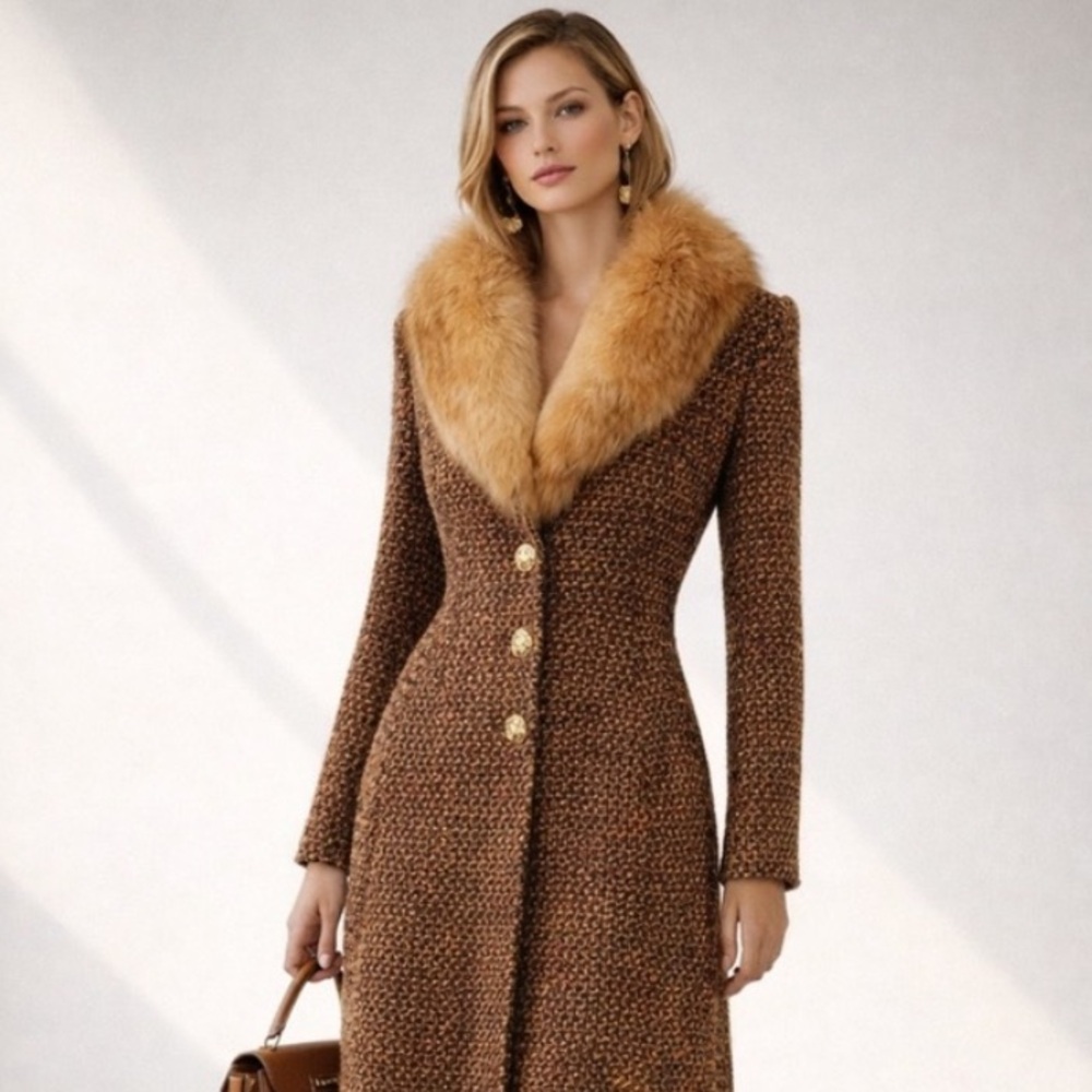 ST. JOHN Tweed long Coat FOX Fur Collar winter jacket 2 piece set - Picture 15 of 17
